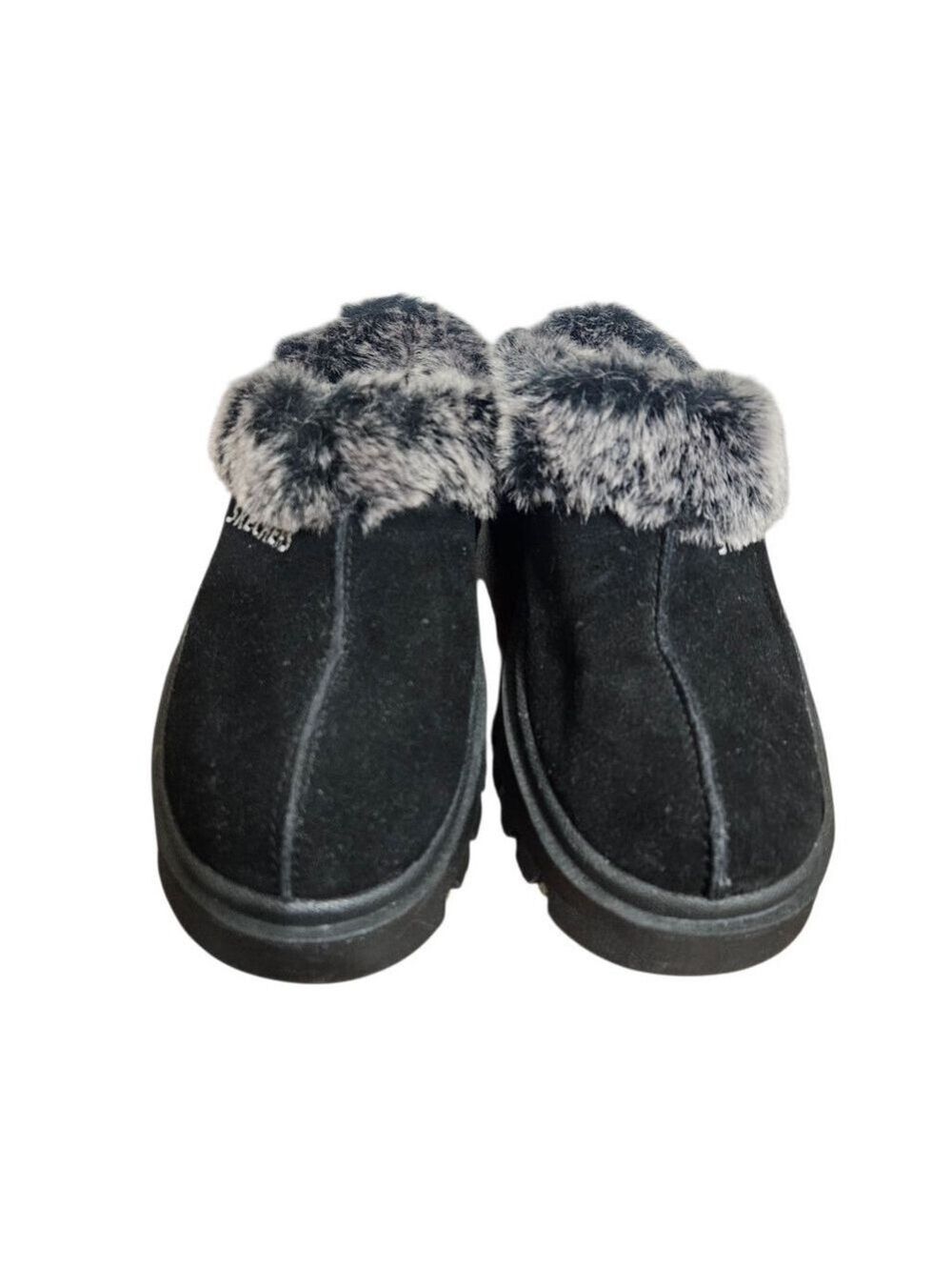 NWOT SKETCHERS Fortress Platform Black Women's Faux Fur Clogs Slip On Sz 6 - Picture 2 of 6